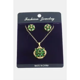 Çiçek Zirkon Taşlı Set Kolye-Kırmızı