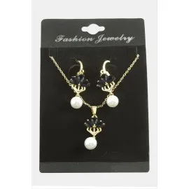 Çiçek İnci Zirkon Taşlı Set Kolye-Siyah