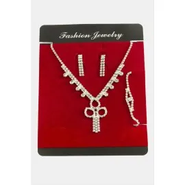 Göz Taşlı Lüks Suyolu Set Kolye-Gümüş Rengi