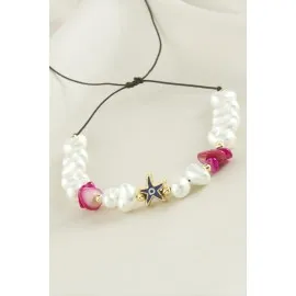 Deniz Yıldızı  Kırık Doğaltaşlı İnci Bileklik-Fuşya