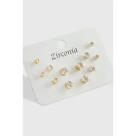 12 Adet Kare Zirkon Tek Taşlı Küpe-Sarı