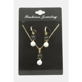 Kalp İnci Zirkon Taşlı Set Kolye-Siyah