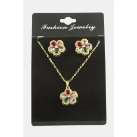 Çiçek Zirkon Taşlı Set Kolye-Renkli