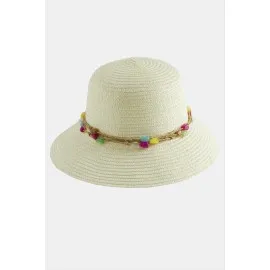 Renkli Doğaltaşlı Hasır Şapka-Krem