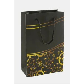 11X17 Çiçek Desenli İpli Karton Çanta 1 Adet-Siyah