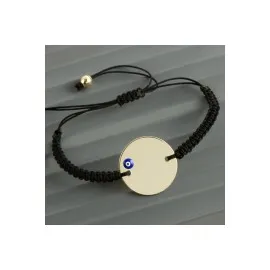 Yuvarlak İsim Yazılabilir Boş Plaka Örgülü Bileklik-Siyah