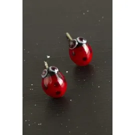 Uğur Böceği Cam Küpe-Kırmızı