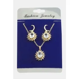 Rüzgar Gülü Zirkon Taşlı Set Kolye-Gümüş Rengi