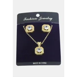 Kare Zirkon Taşlı Set Kolye-Gümüş Rengi