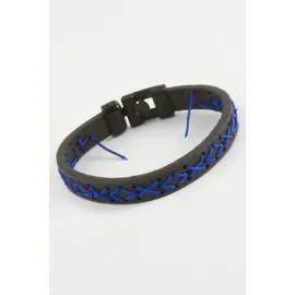 İpli İşlemeli Kaliteli Suni Deri Bileklik-Siyah