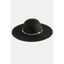 Boncuklu Hasır Şapka-Siyah