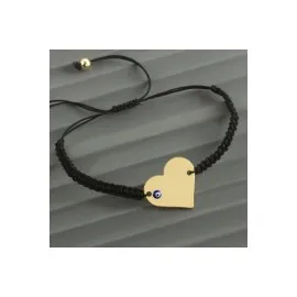 Kalp İsim Yazılabilir Boş Plaka Örgülü Bileklik-Siyah