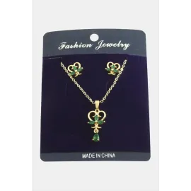 Kalp Zirkon Taşlı Set Kolye-Yeşil