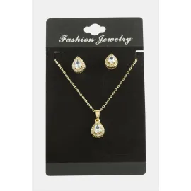 Damla Zirkon Taşlı Set Kolye-Gümüş Rengi