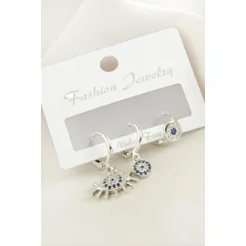 3 Adet Göz Nazar Zirkon Taşlı Küpe-Sarı