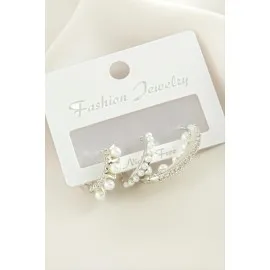 3 Adet Çivi İnci Zirkon Taşlı Küpe-Gümüş Rengi