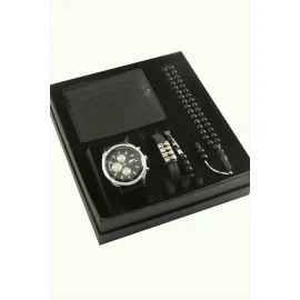 Kayışlı Kol Saati Tesbih Bileklik ve Cüzdan Kutulu Set-Siyah