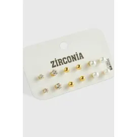 12 Adet İnci Zirkon Tek Taşlı Küpe-Sarı