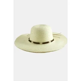 Ahşap Boncuklu Hasır Şapka-Krem