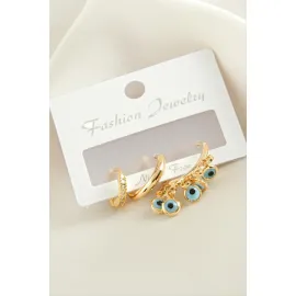 3 Adet Nazar Zirkon Taşlı Küpe-Sarı