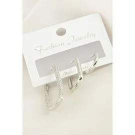 3 Adet Oval Zirkon Taşlı Küpe-Gümüş Rengi