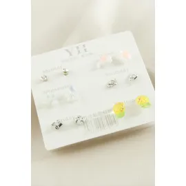 12 Adet Karışık Metal Taşlı Küpe-Gümüş Rengi