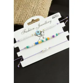 3 Adet Nazar Kristal Kum Boncuk Bileklik-Lila