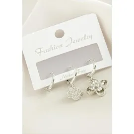 3 Adet Çiçek Zirkon Taşlı Küpe-Gümüş Rengi