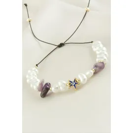 Deniz Yıldızı  Kırık Doğaltaşlı İnci Bileklik-Fuşya