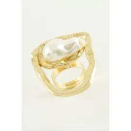 Oval İnci Metal Yüzük-Sarı