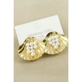 İstiridye İnci Lüks Çelik Küpe-Sarı