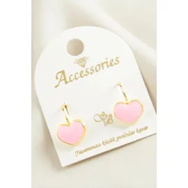 Kalp Mineli Klipsi Küpe-Pembe