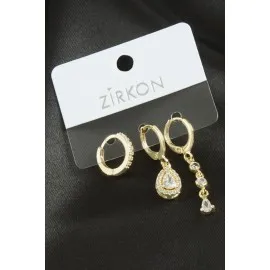 3 Adet Damla Zirkon Taşlı Küpe-Sarı