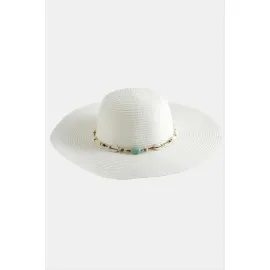 Etnik Boncuklu Hasır Şapka-Beyaz