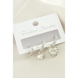 3 Adet Kalp Zirkon Taşlı Küpe-Gümüş Rengi