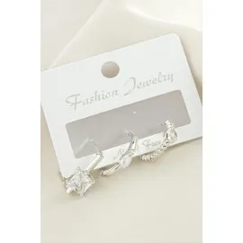 3 Adet Kare Zirkon Taşlı Küpe-Gümüş Rengi