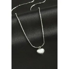 Kalp Sedef Lüks Çelik Kolye-Gümüş Rengi