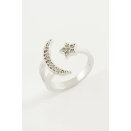 Ay Yıldız Zirkon Taşlı Yüzük-Gümüş Rengi