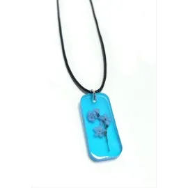 Unutmabeni Çiçeği Dikdörtgen Epoksi Kolye-Mavi