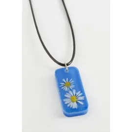 Papatya Dikdörtgen Epoksi Kolye-Mavi