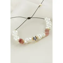 Deniz Yıldızı  Kırık Doğaltaşlı İnci Bileklik-Açık Pembe