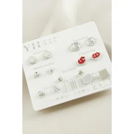 14 Adet Karışık Metal Taşlı Küpe-Gümüş Rengi