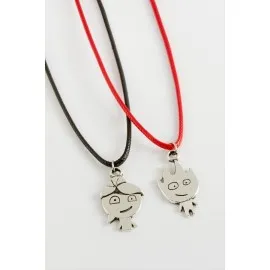 Ateş Ve Su 2Li Vinlex Deri Kolye-Gümüş Rengi