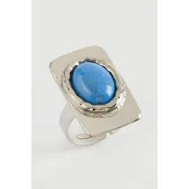 Dikdörtgen Turkuaz Taşlı Yüzük-Gümüş Rengi