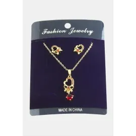 Kalp Fiyong Zirkon Taşlı Set Kolye-Kırmızı