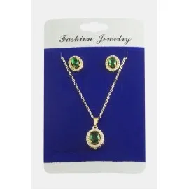 Oval Zirkon Taşlı Set Kolye-Yeşil