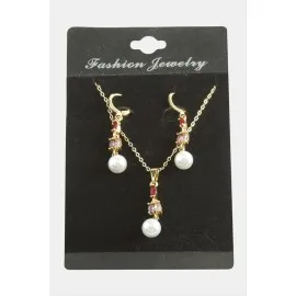 Çiçek İnci Zirkon Taşlı Set Kolye-Renkli