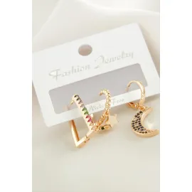 3 Adet Hilal Zirkon Taşlı Küpe-Sarı