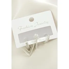 3 Adet Ok Zirkon Taşlı Küpe-Gümüş Rengi