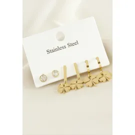 6 Adet Yonca Zirkon Taşlı Lüks Çelik Küpe-Sarı